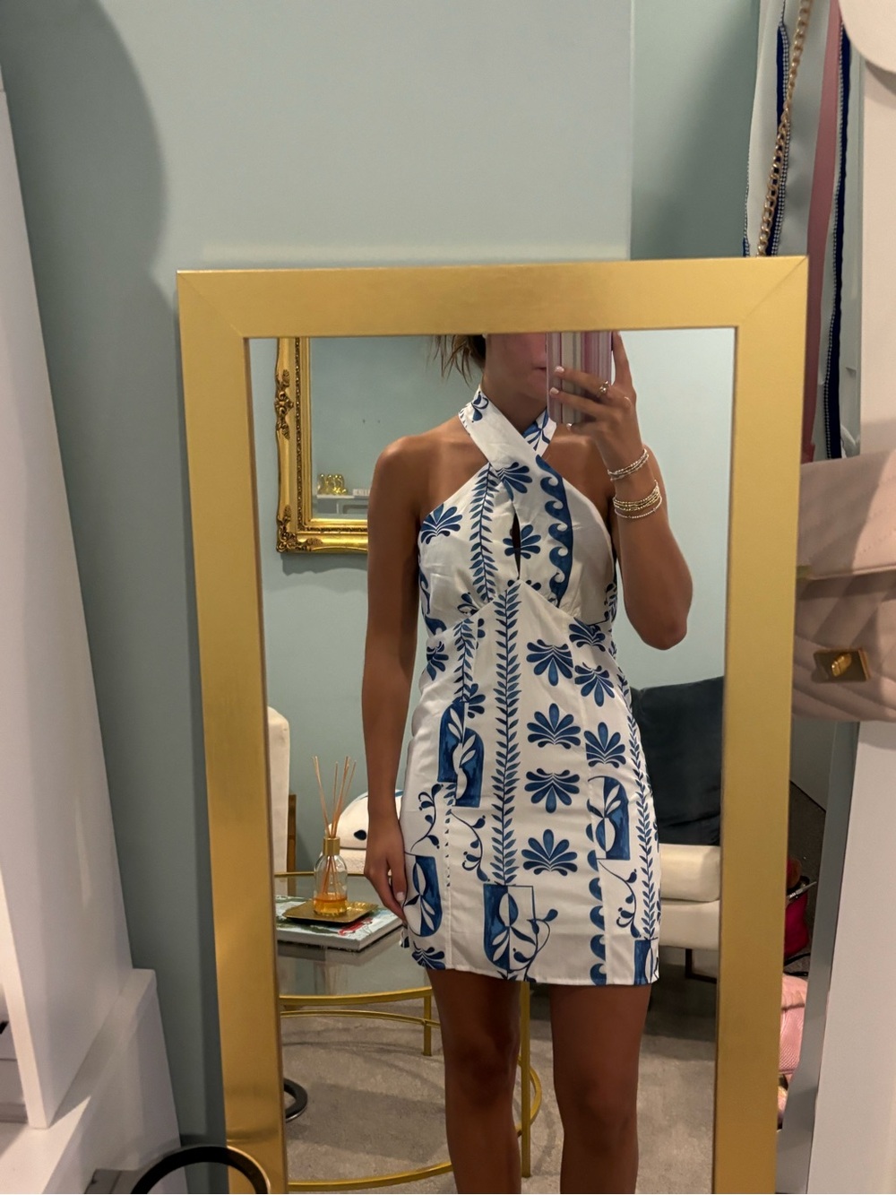 SHEIN White Halter Mini Dress with Blue Floral Tile Print